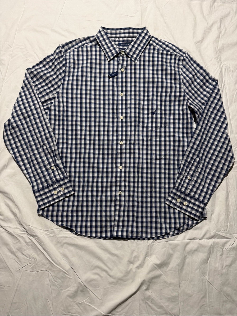 Nautica Long Sleeve Button-Up Shirt Stretch Blue White Gingham Check XL